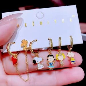 14K Gold Peanuts Gang Snoopy Theme Earrings Huggie Hoop Dangle Mismatched Set